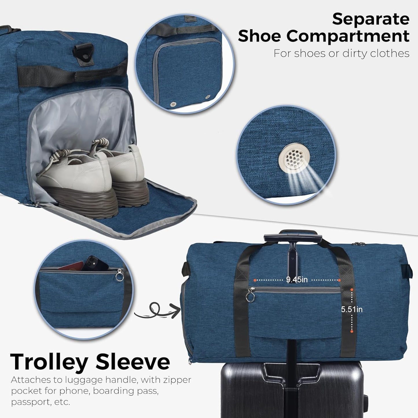 Fmeida 65L Duffle Bag with Shoes Compartment, Foldable Travel Duffel Bags for Men Women, Large