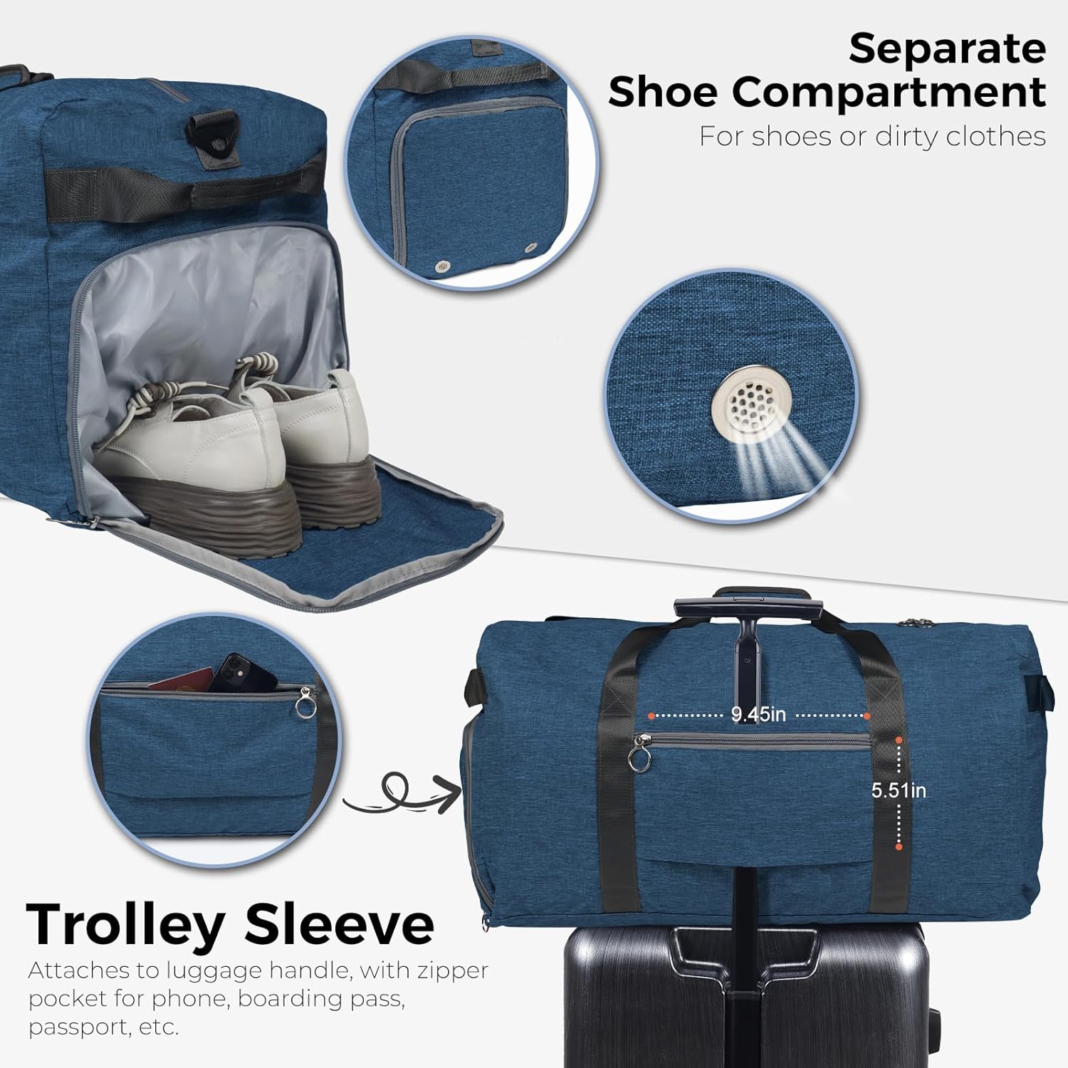 Fmeida 65L Duffle Bag with Shoes Compartment, Foldable Travel Duffel Bags for Men Women, Large