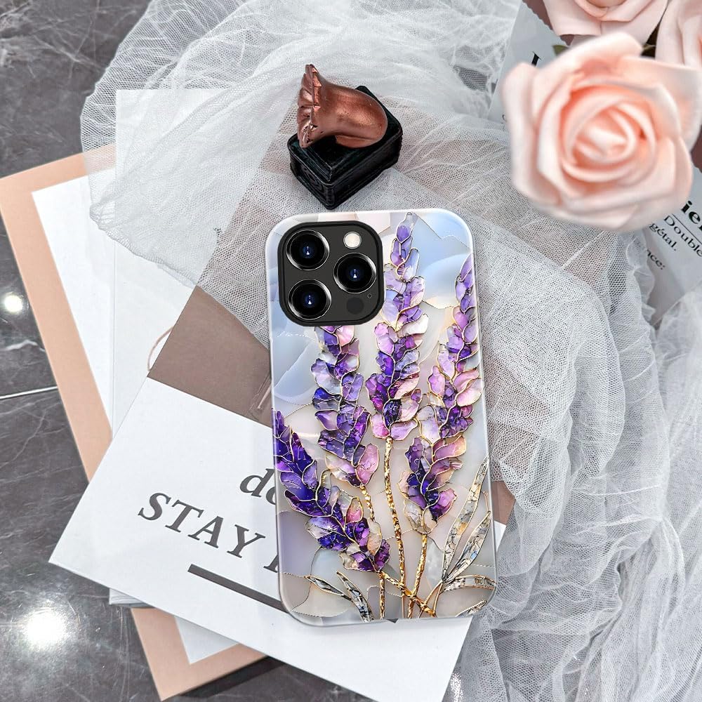Case for iPhone 15 Pro Max - Slim Fit Anti-Scratch Phone Case for Girl Women - Lavender Stained Glass Purple Floral (Glossy)