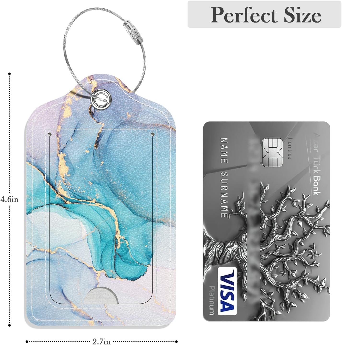 Luggage Tags for Suitcase, 2 Pack PU Leather Travel Cruise Luggage Tag with Privacy Flap, Name ID Label and Metal Loop for Women Men Suitcase Baggage Bag Backpack Instrument, Teal Blue Marble