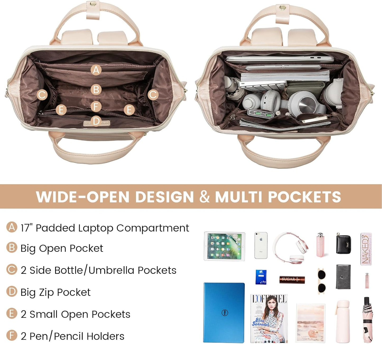 LOVEVOOK Leather Backpack for Women, 17 inch Laptop Backpack, Professional Work & Travel Bag, Beige-Flesh Beige