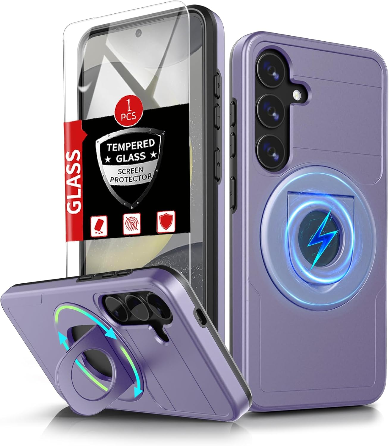for Samsung Galaxy S24 Case Magnetic Compatible with MagSafe Wireless Charging,with Screen Protector,for S24 Case with Kickstand Ring Anti-Scratch Shockproof Heavy Duty Protection Purple