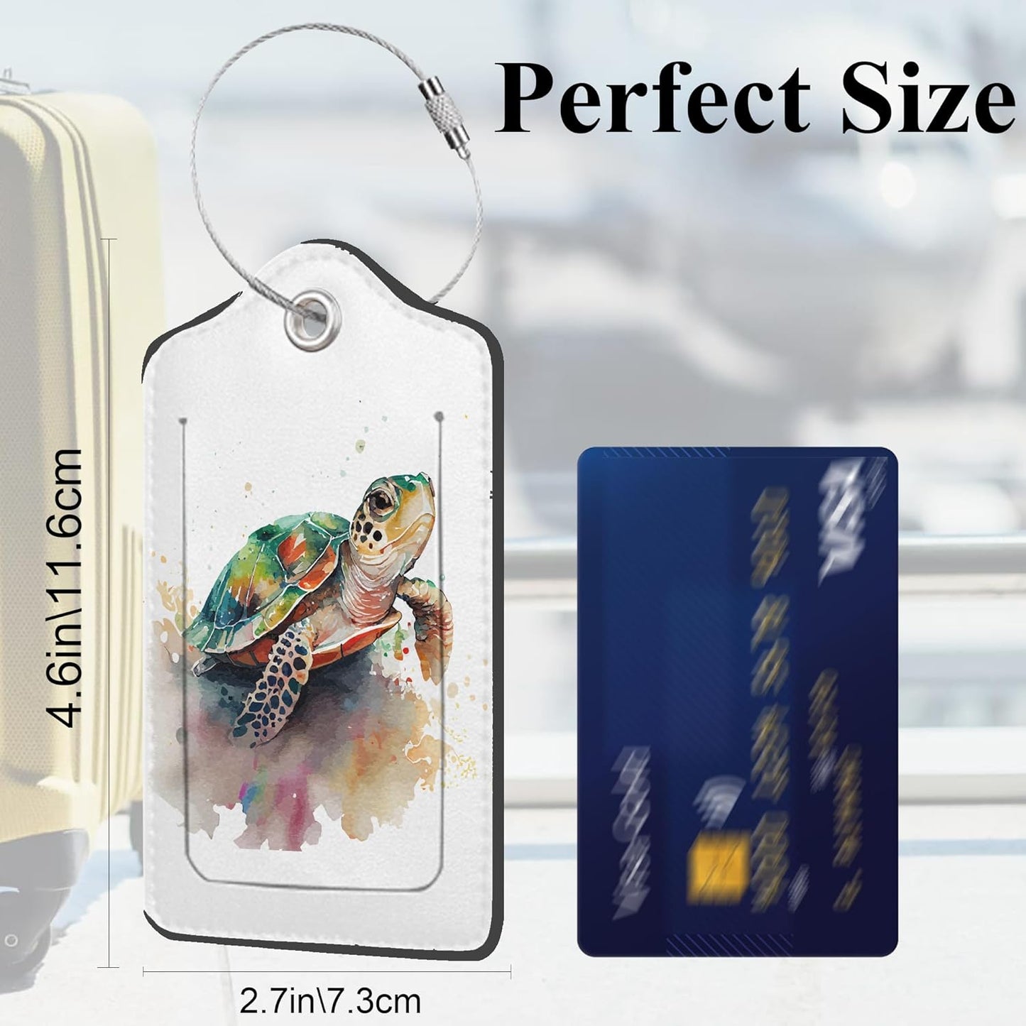 Set of 2 Luggage Tags for Suitcases, Leather Watercolor Sea Turtle Baggage Tags with Stainless Steel Loop, Privacy Name ID Card Cover Travel Labels for Women Men Kids Girls