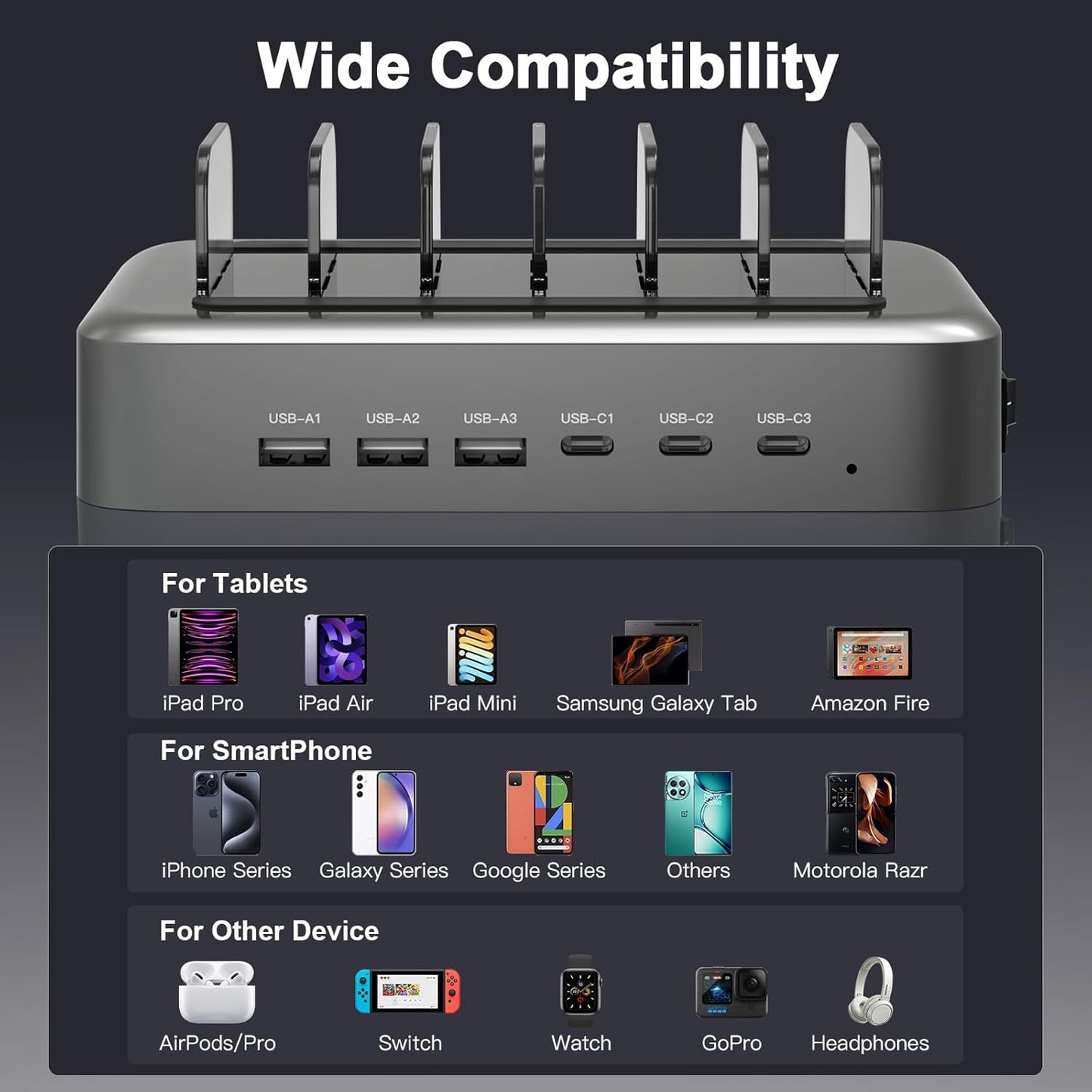 MSTJRY 90W 6-Port USB C Fast Charging Station for Multiple Devices, Multi PD Charger Station for iPhone iPad Tablet Phone, Charging Dock Organizer with Adjustable Dividers for Home Office Classroom
