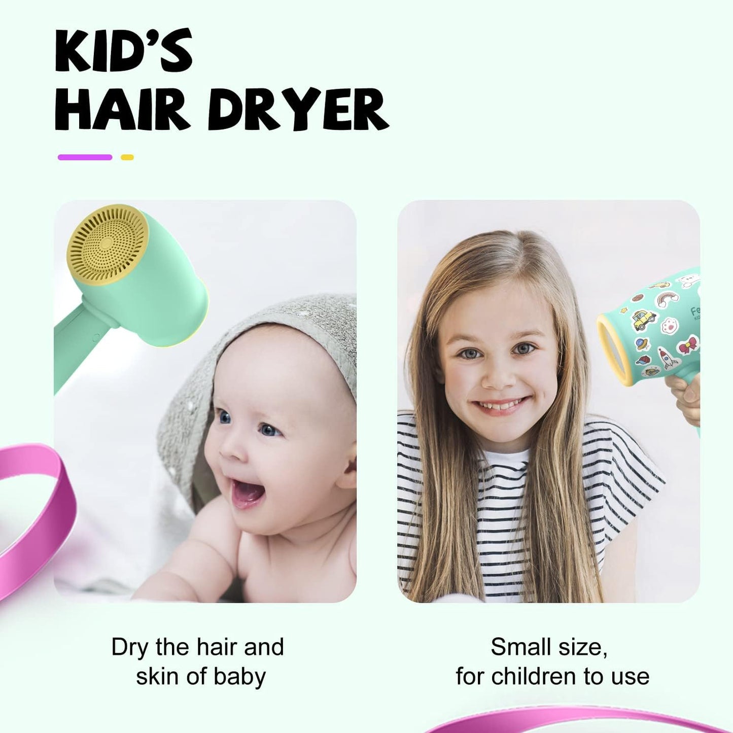Feekaa Kids Hair Dryer, Low Noise Gentle Heat for Kids Skin, Gift for Children's Birthday
