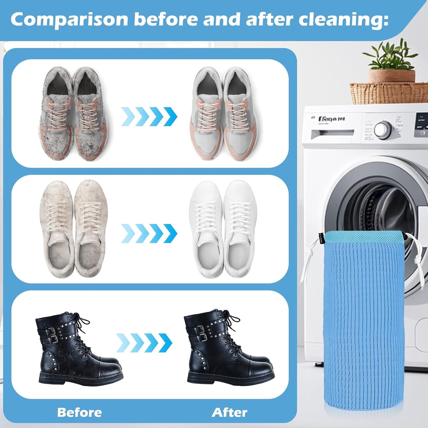 2Pcs Shoe Washing Machine Bag, Reusable Shoe Laundry Bag, Sneaker Washing Machine Bags, Shoe Cleaning Wash Bag with 360° Cleaning Fibers & Adjustable Drawstring, Fits Most Shoes Washer (Blue)