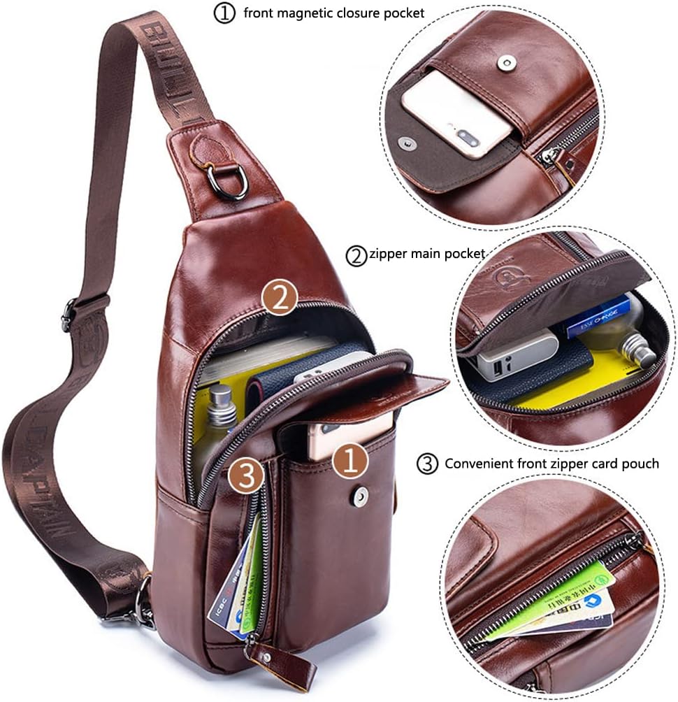 KPYWZER Vintage Leather Sling Bag Backpack for Men Crossbody Shoulder Chest Day Pack Backpacks