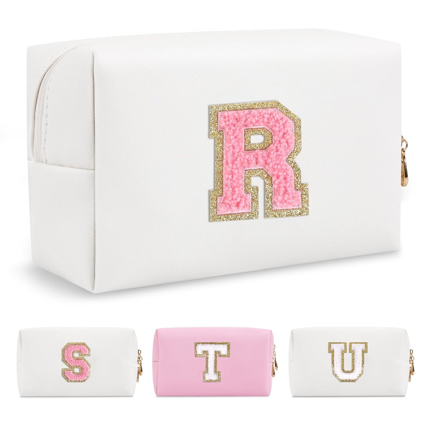 Personalized Makeup Bag Initial A-Z Preppy Patch Bag,Small PU Leather Travel Cosmetic Bag Pouch