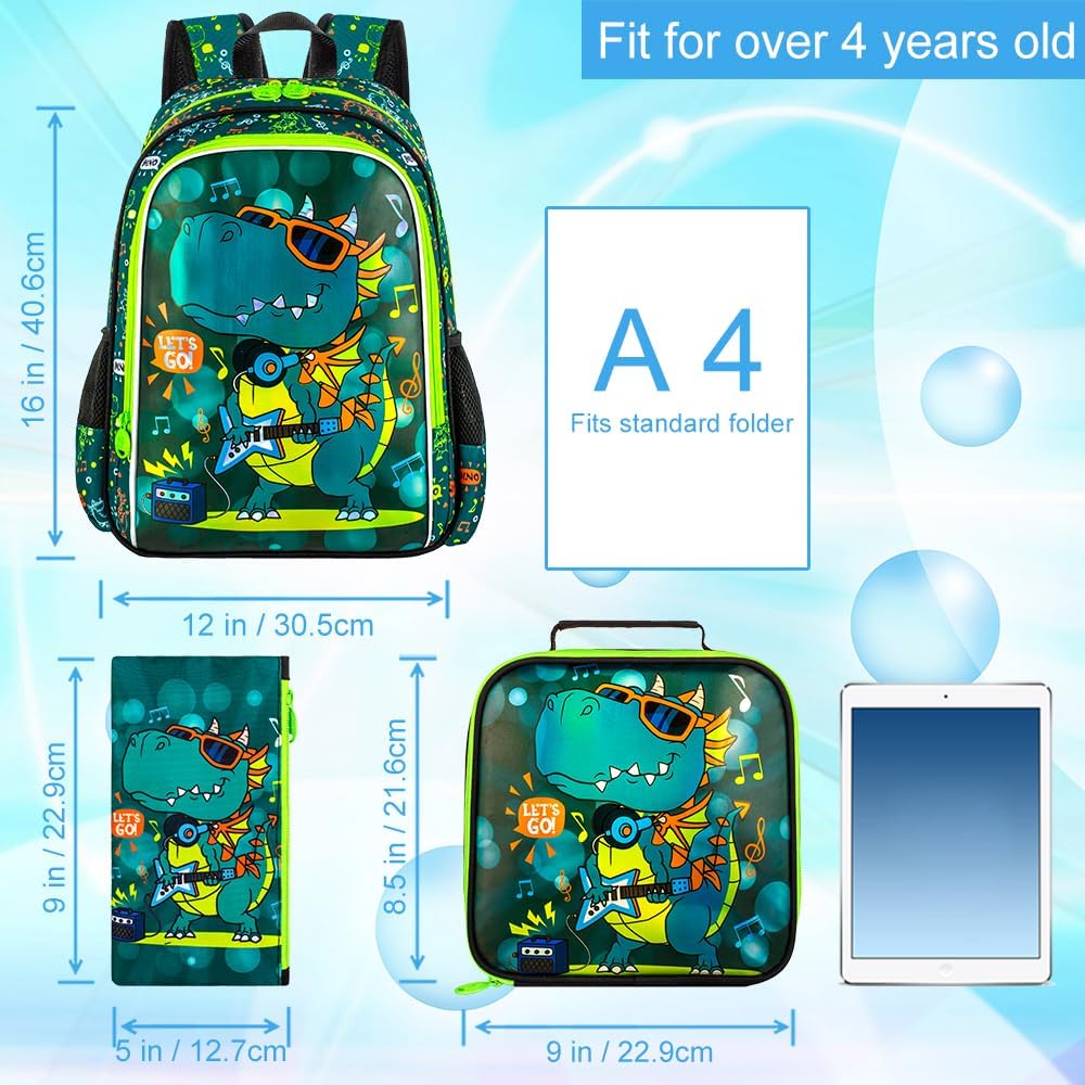 Boys Backpack, 16" Dinosaur Kids Bookbag with Lunch Box, 3Pcs Dino School Backpacks for Elementary