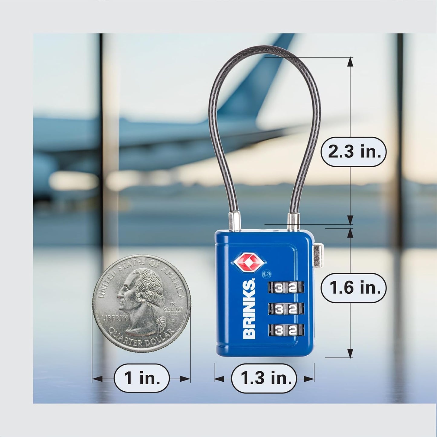 Brinks TSA Accepted Indicator Luggage Lock, Blue - Resettable 3-Dial Combination, 2.5 inch Long Cable Shackle, New More Secure TSA008 Key, 4 Pack
