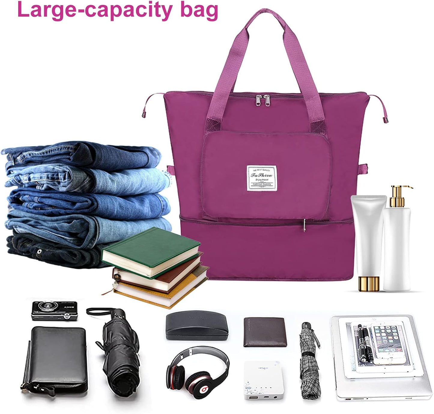 Large Capacity Folding Travel Tote Bag, Oxford Fabric Waterproof Lightweight Foldable Travel Duffel Bag, Portable Expandable Travel Bag, Dry and Wet Separation Carry On Bag for Airplanes
