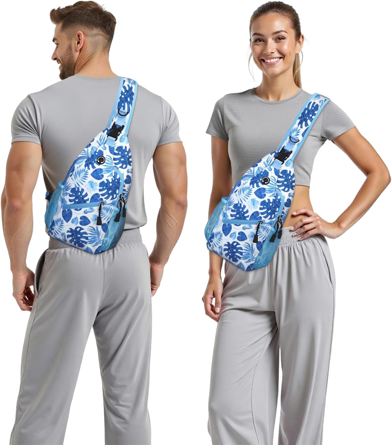 Blue Tropical Leaves Sling Bag Crossbody Chest Bag for Women Men, Water Resistant Lightweight Casual Crossbody Bag with Adjustable Strap, Travel Hiking Daypack Shoulder Backpack