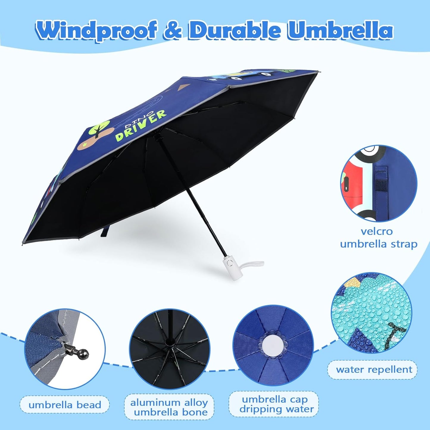 Kids Folding Umbrella Auto Open/Close Anti-rebound Safe Design UV Resistant Automatic Children Travel Umbrellas 8 Rib Reinforced Canopy 360° Reflective Strip Lightweight Cute Umbrella for Girls & Boys