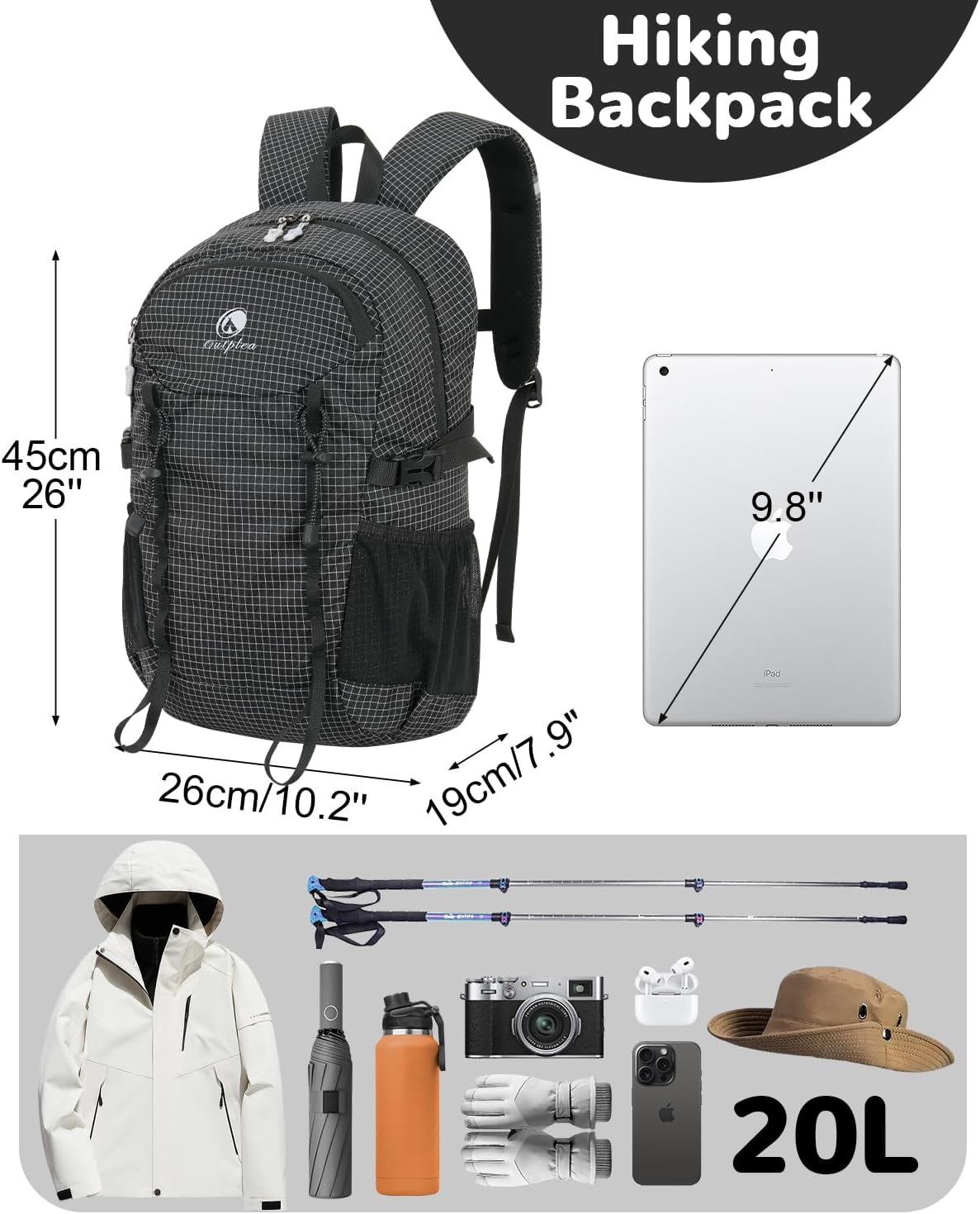20L Small Waterproof Hiking Backpack Men, Lightweight Small Travel Backpack for Outdoor, Black
