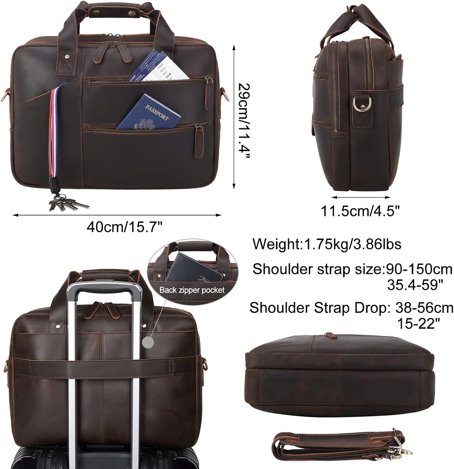 Masa Kawa Leather Briefcase for Men 15.6" Laptop Crossbody Shoulder Messenger Bag Vintage Brown Business Travel Office Work Computer Attache Case