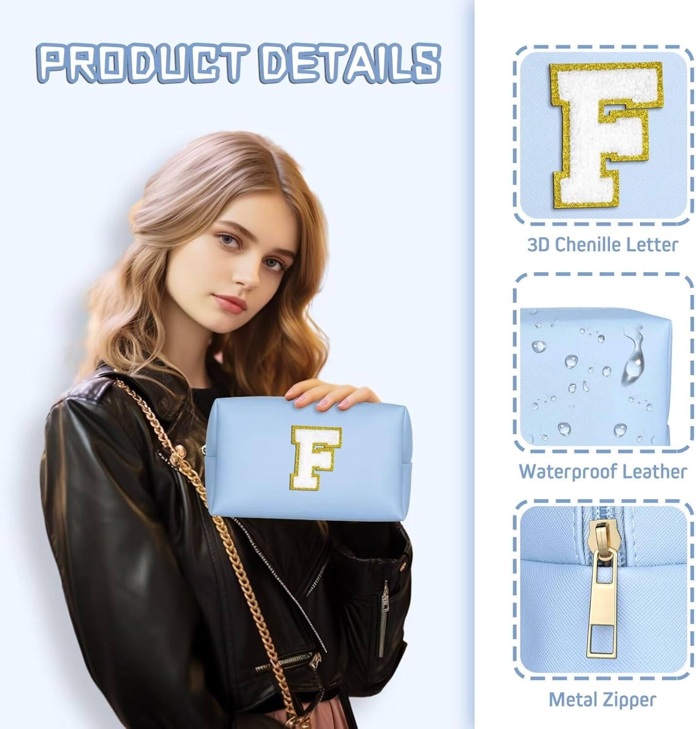 TOPEAST Initial Makeup Bag for Travel, Chenille Letter Pouch Cosmetic Bag, PU Leather Waterproof Toiletry Bag, Personalized Gifts for Bride Bridesmaids, Cute Things for Girls (Sky Blue Q)
