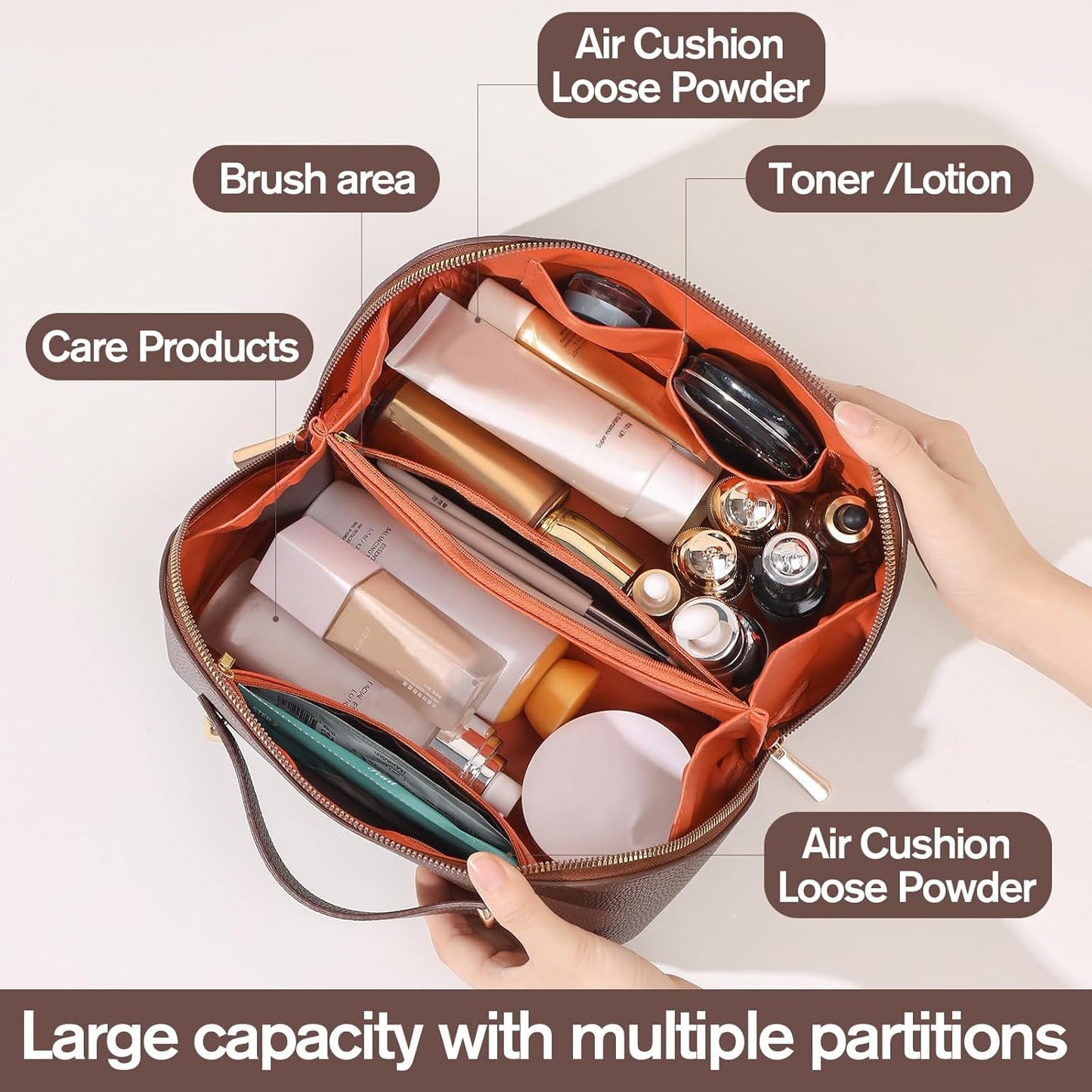Makeup Bag, Travel Toiletry Bag for Women, Large Capacity Waterproof PU Leather Cosmetic Bags Make