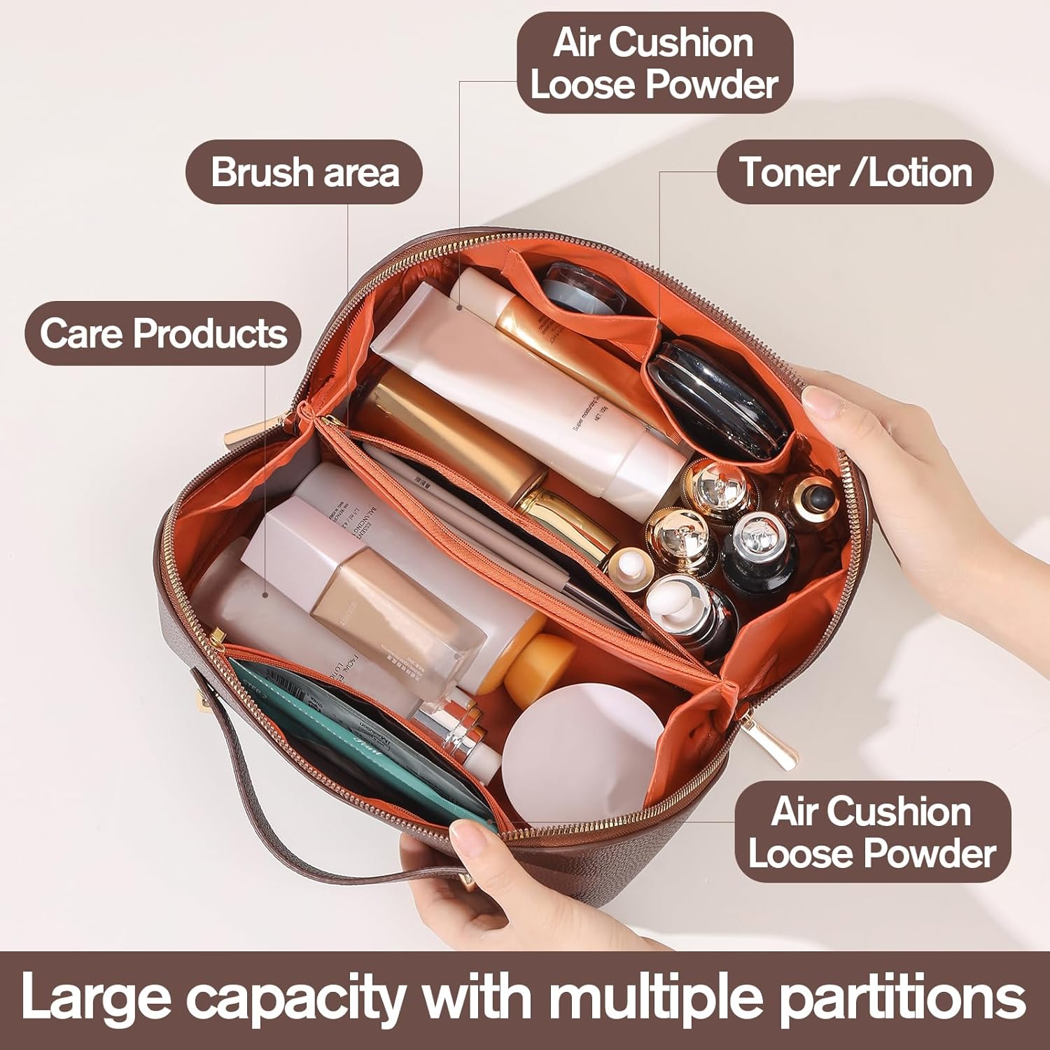Makeup Bag, Travel Toiletry Bag for Women, Large Capacity Waterproof PU Leather Cosmetic Bags Make