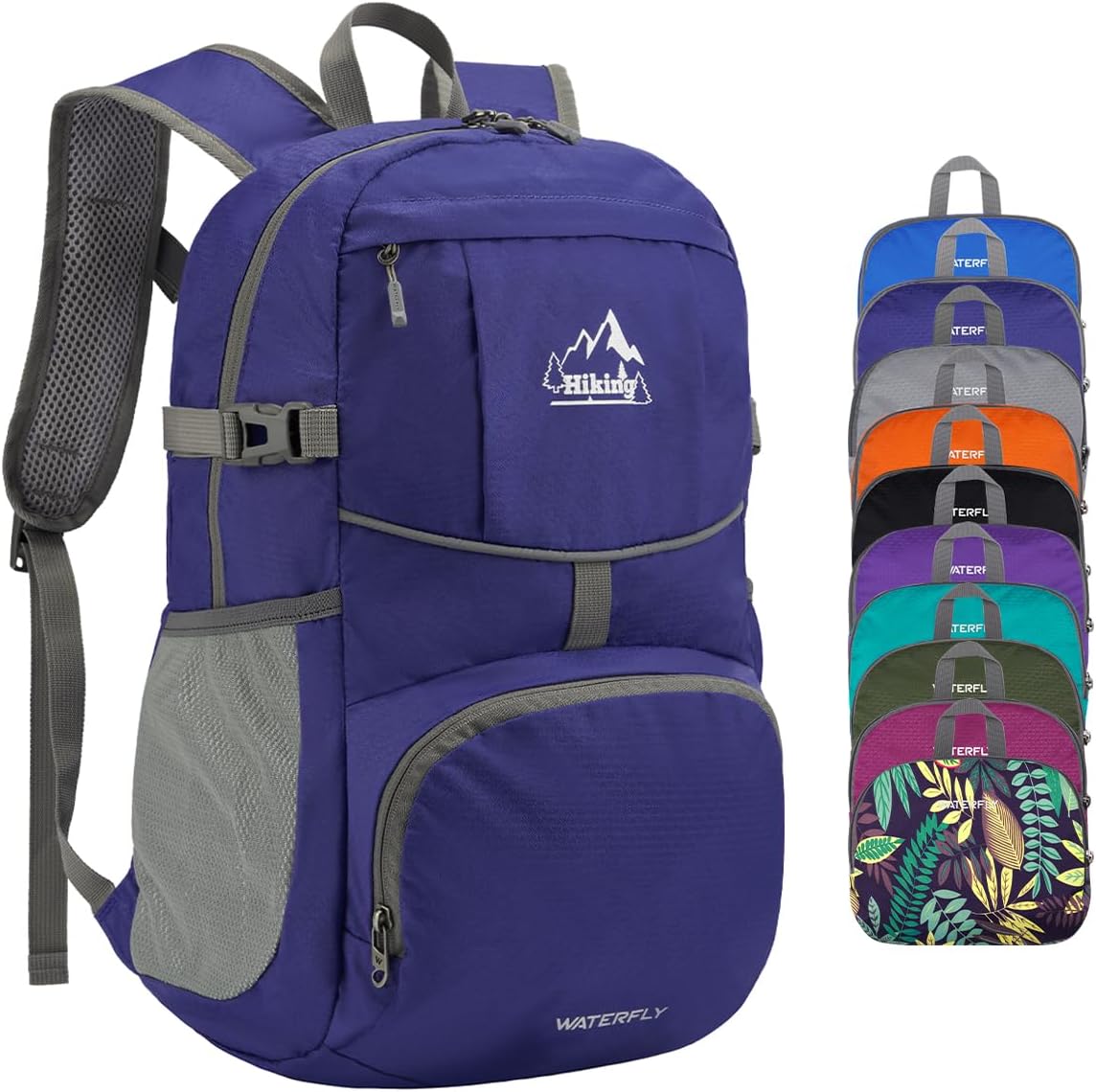 WATERFLY Hiking Packable Daypack Backpack: 25L Ultra Lightweight Day Pack for Woman Man - Small Compact Folding Back Pack for Outdoor Sport Cycling Camping Travel Trip - Dark blue