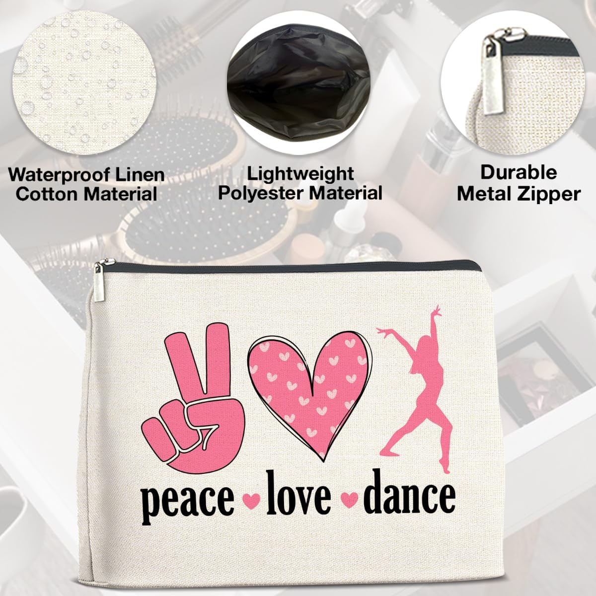 Dance Gifts Makeup Bag Dance Recital Gifts for Girls Women Students Dancers Cosmetic Bag Dance Competition Gift Peace Love Dance Zipper Makeup Pouch, polychrome