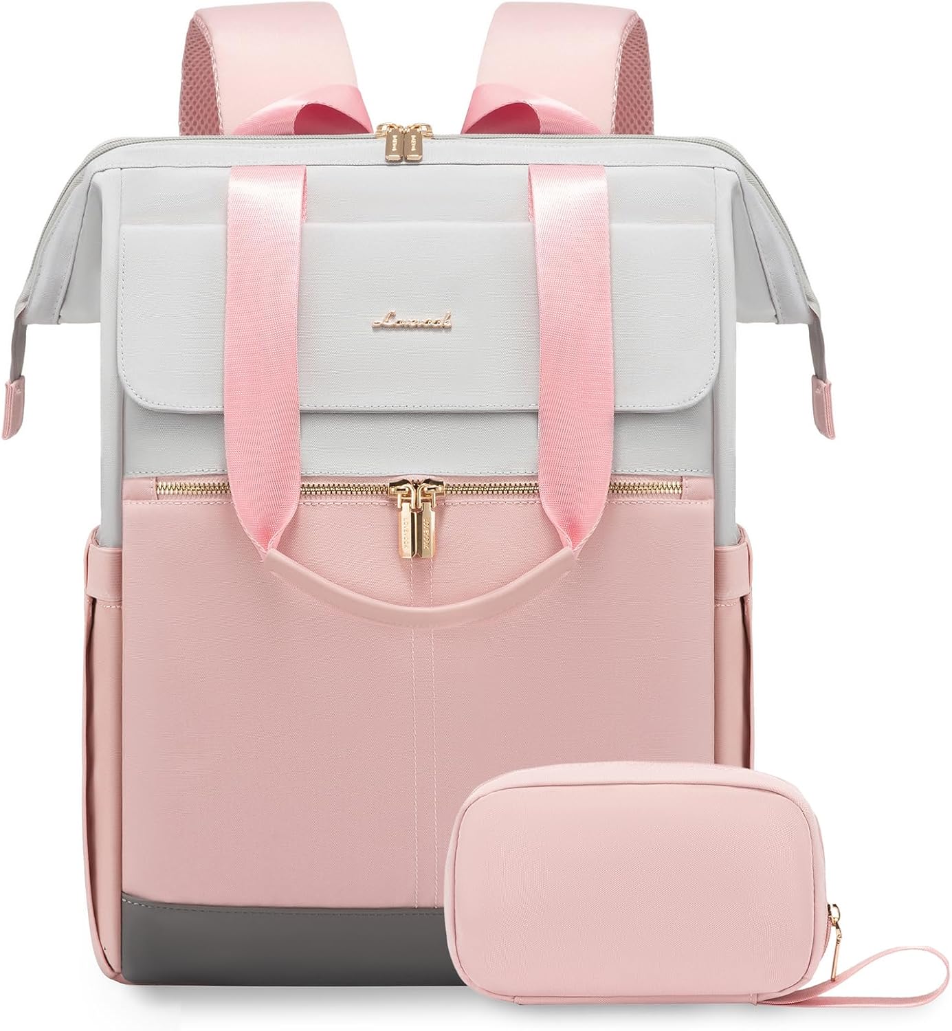 LOVEVOOK 17.3 Inch Laptop Backpack for Women, Large Capacity Travel Backpack with Organizer Bag, Waterproof Carry on Backpack Work Bag with USB Port, Teacher Nurse Backpack Purse, 2PCS, Grey-Pink
