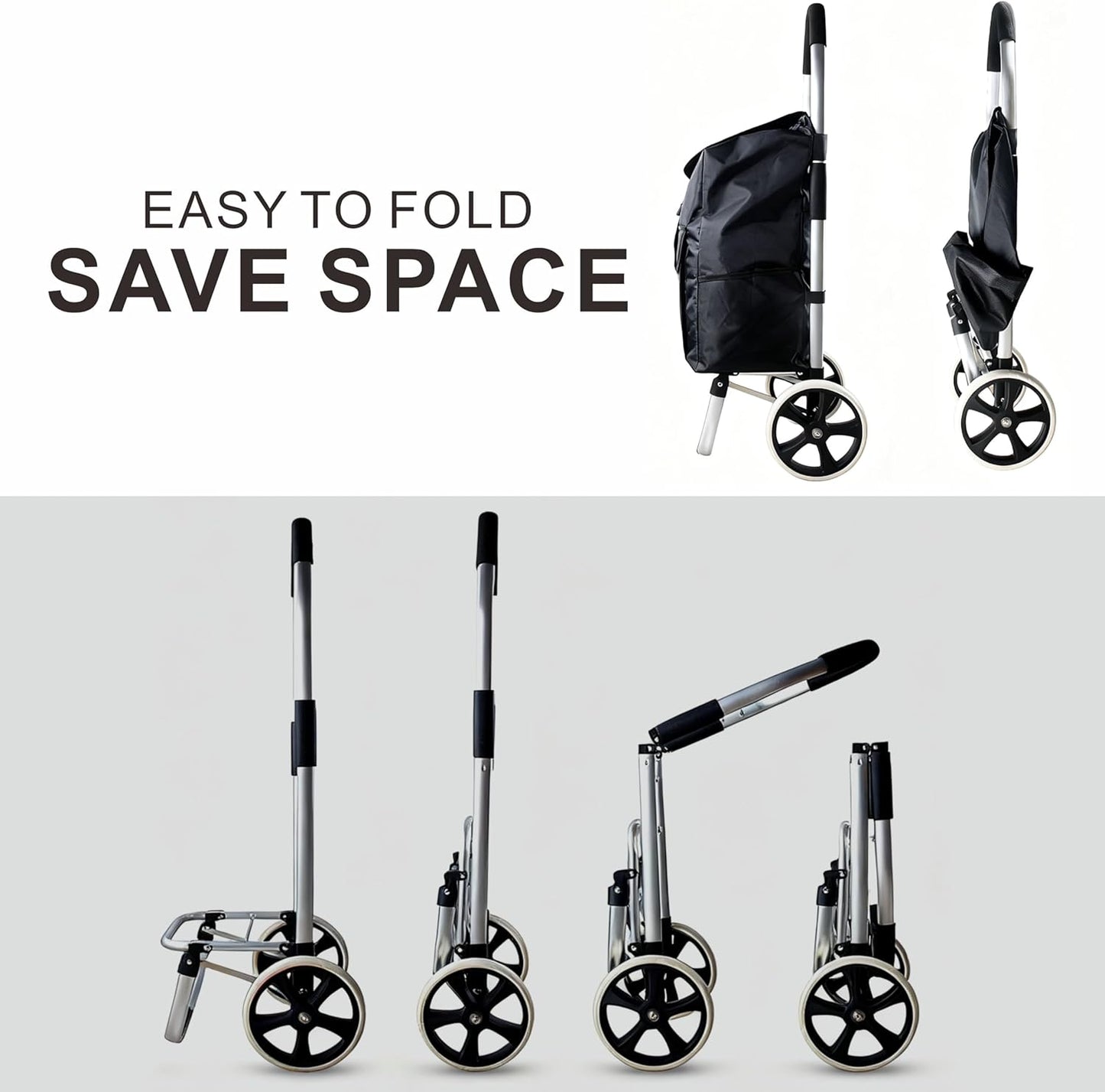 Heavy Duty Foldable Shopping Trolley with Wheels Oxford Waterproof Cart Removable Bag for Groceries Laundry Travel (Black-2 Wheels)