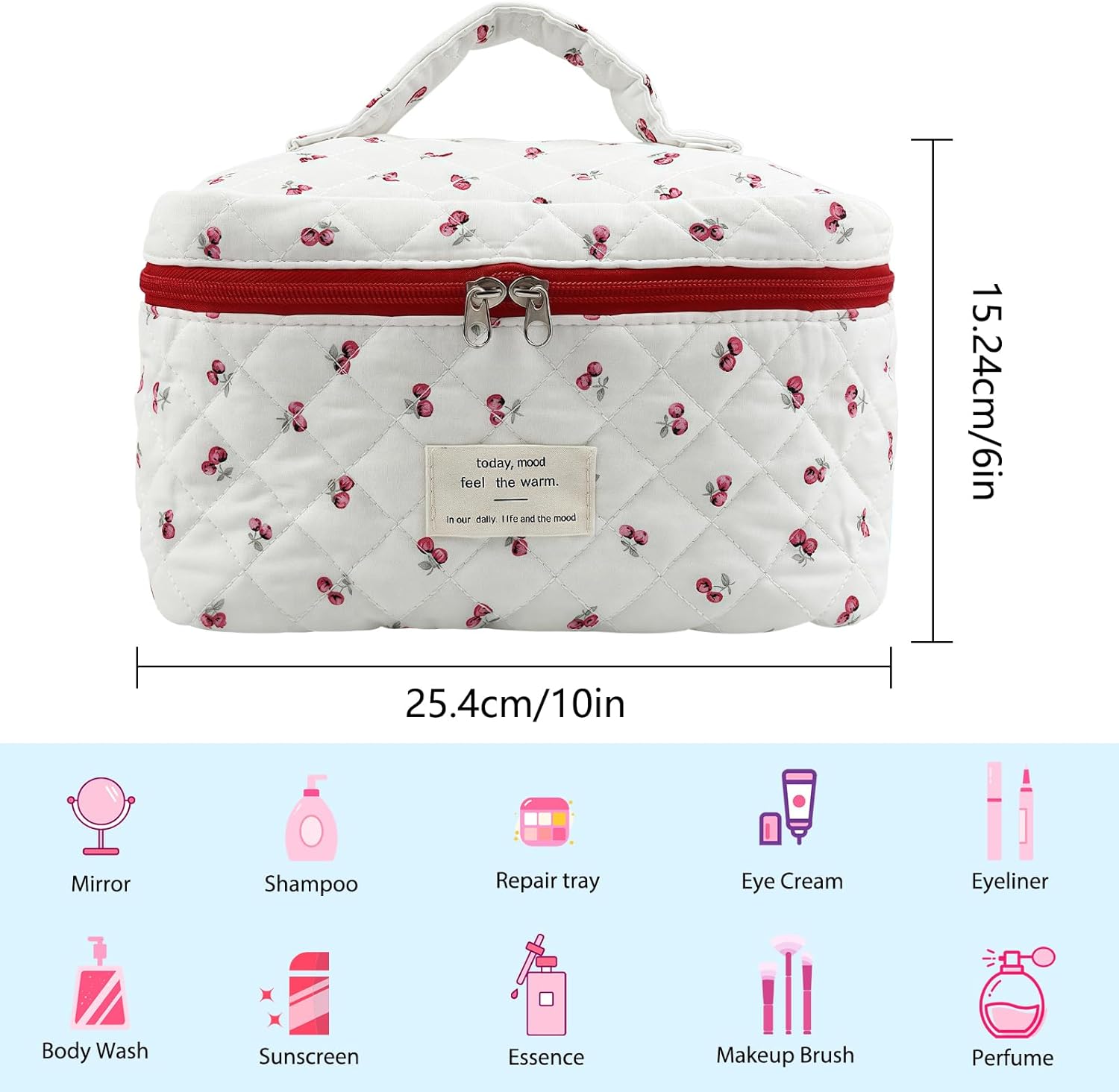 Quilted Makeup Bag, Large Capacity Travel Cosmetic Bag for Women and Girls, Aesthetic Storage for