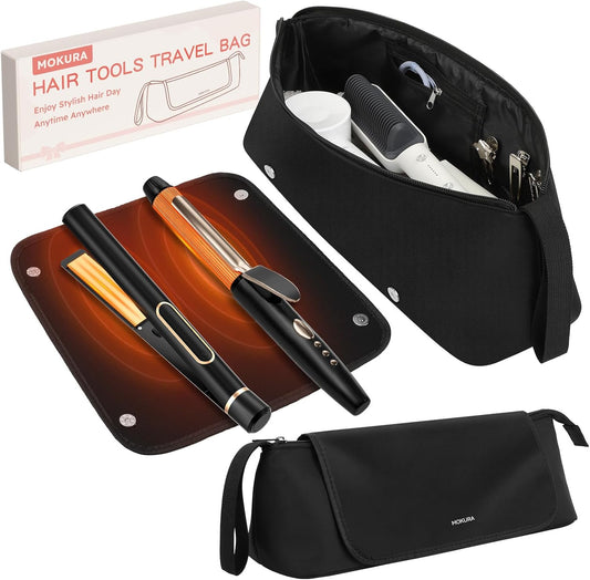 MOKURA Hot Hair Tools Travel Bag with Heat Resistant Mat Removable, Hair Accessories Organizer Case, Women Travel Essentials, Storage Pouch for Curling Iron Straightener Flat Iron Hair Dryer, Black