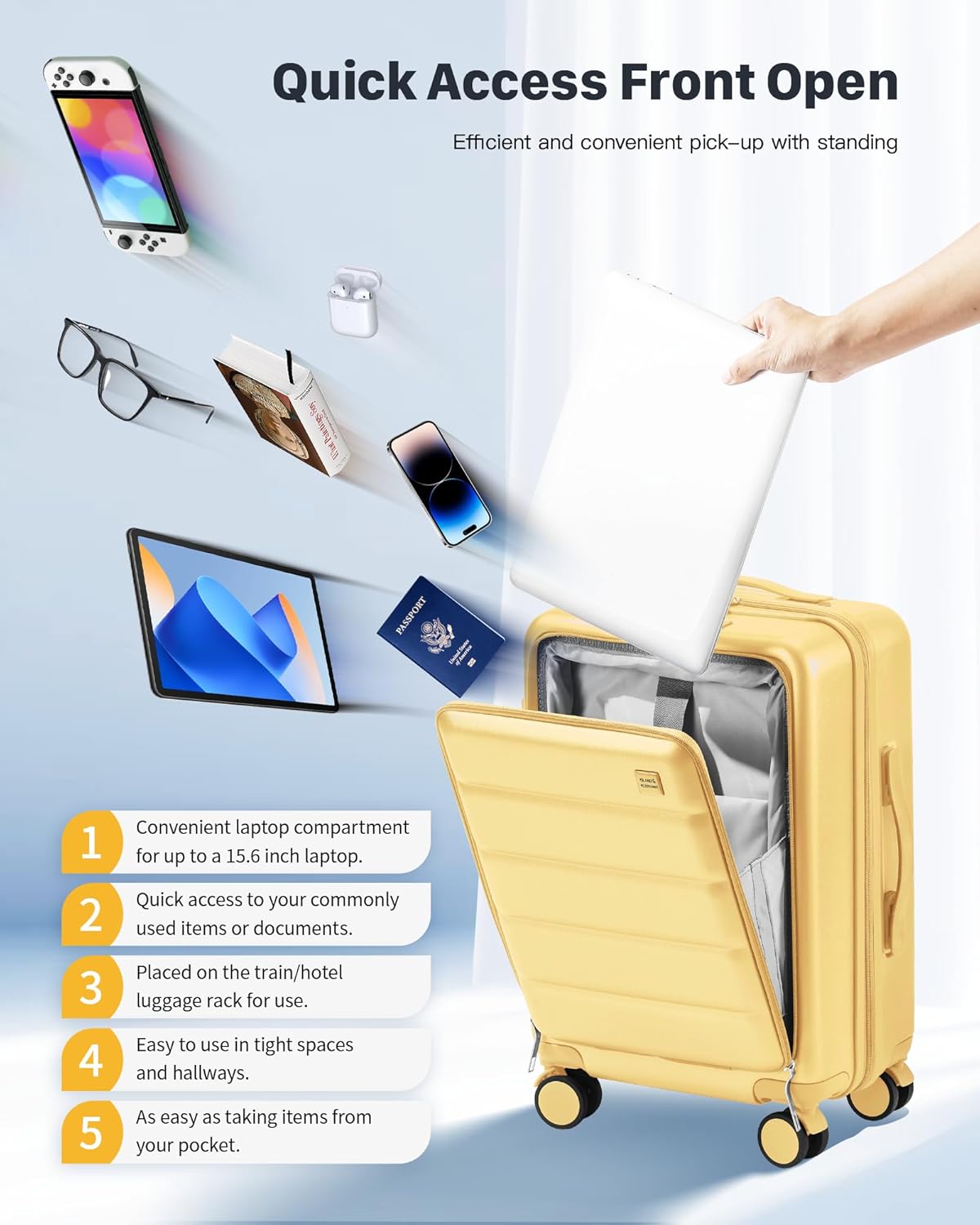20 IN Carry On Luggage 22x14x9 Airline Approved - Front Pocket Hardside Travel Suitcase Unbreakable -with Cup Holder,Charging Port,Side Pothook, 360°Spinner Wheels, TSA Lock-Yellow