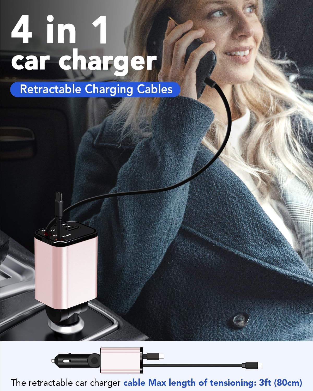 69W Fast Charging USB C Car Charger, 4-in-1 Retractable Phone Charger for iPhone 17, Travel Essentials, Gifts for Women Men, Car Accessories for Women Men, for iPhone 17 16 15 14 13, Galaxy, Pixel
