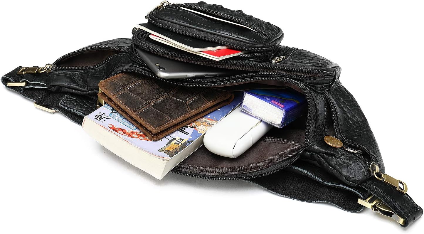 Genuine Leather Fanny Pack large capacity Crossbody Waist Bag with Zipper phone Pockets crocodile black