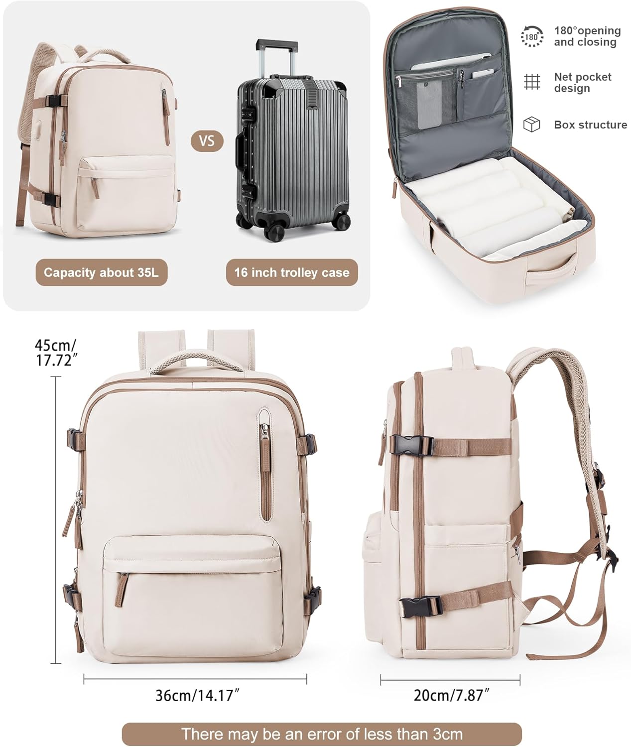 VGCUB Lightweight Travel Backpack for Women Men,Carry on Flight Approved Luggage,Water Resistant Laptop College Work Backpack Personal Item Daypack bag Mochila de Viaje,Beige with Brown