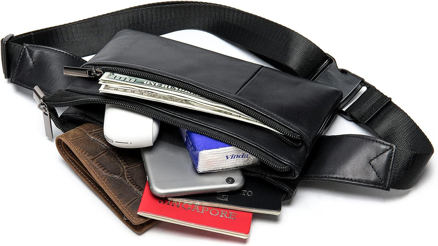 Fanny Pack for Men and Women, Super Lightweight Waist Pack Belt Bag Hip Crossbody Purse - Soft Lambskin Leather Black