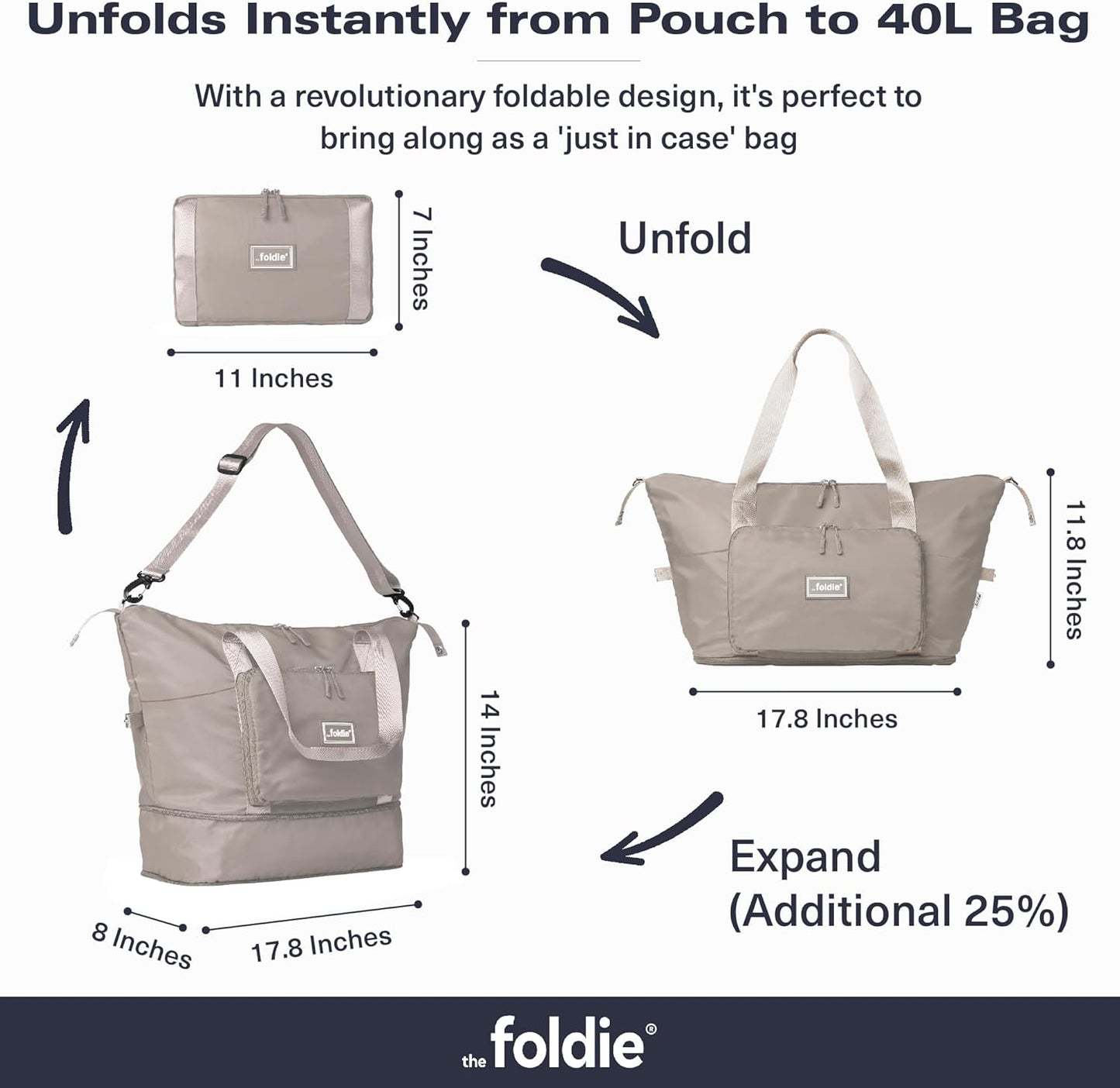 The Foldie Foldable Travel Bag for Women - 40L Weekender Bag with Multiple Pockets - Carry On Expendable Travel Bag