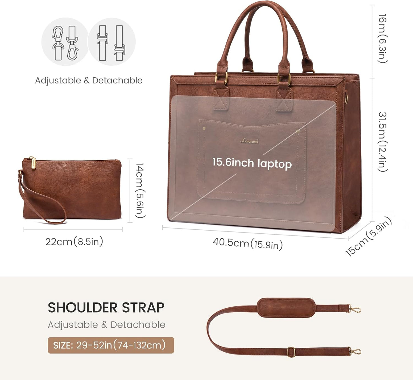 LOVEVOOK Laptop Tote Bag for Women, 15.6 Inch Work Bags, Vintage Leather Tote Bag, Waterproof Computer Bags with Clutch Purse, Large Capacity Messenger Bag for Teacher College Business Office