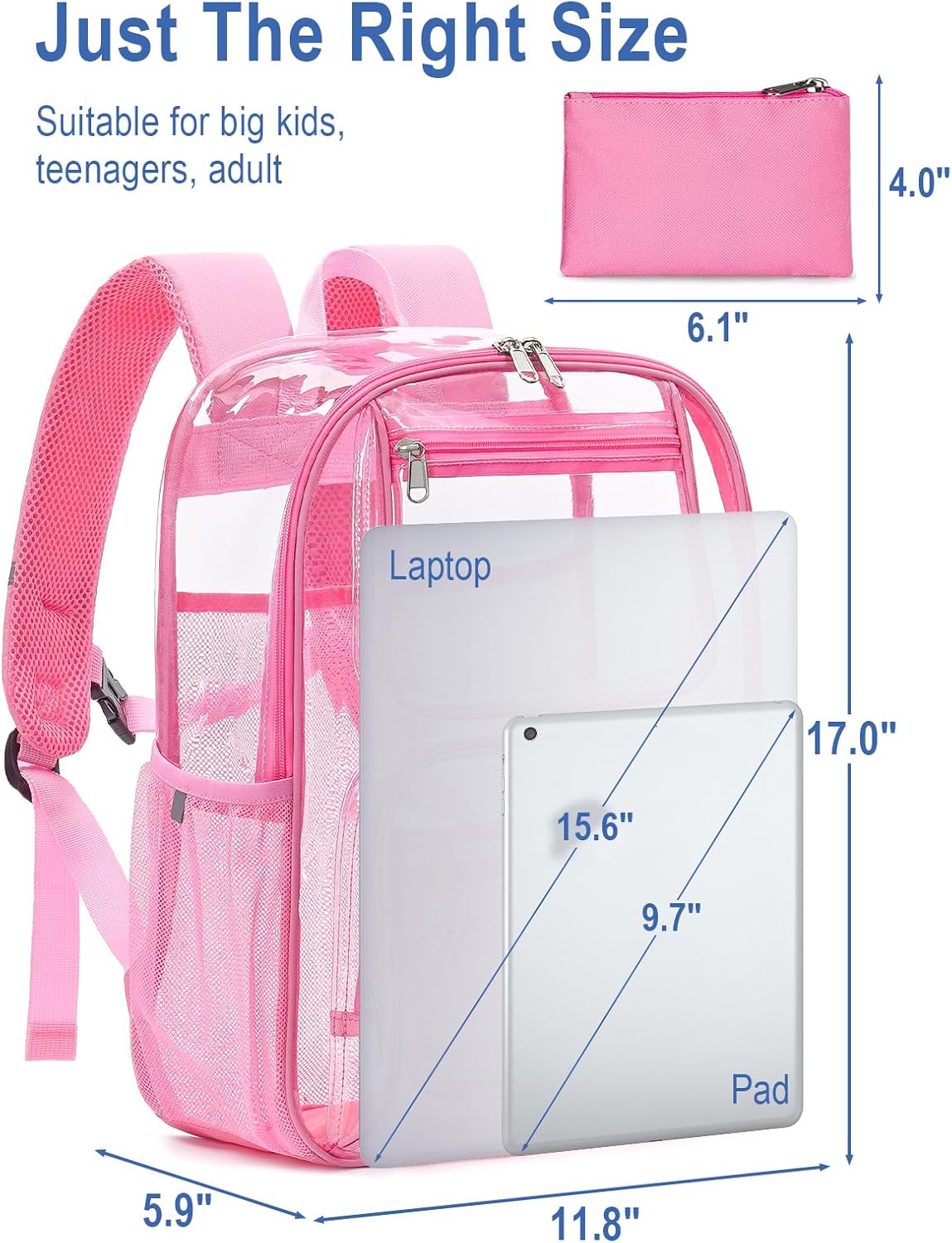 Heavy Duty Clear Backpack For Kids Women Men Boys Girls, 17 Inch Large See Through Backpack, Clear Bookbag With An Extra Pouch Accessories, Transparent Bag For School College Sport Travel, Pink
