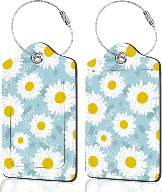 2Pack Luggage Tags for Suitcases, Cute Unique Pu Leather Cruise Luggage Tag with Privacy Cover ID Label Address Card and Metal Ring Suitable for Women Men Kids Travel Bag White Sunflower Flower