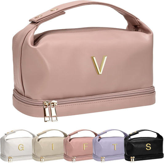 Personalized Makeup Bags, Initial Bags with Handle, Waterproof Double Layer Cosmetic Bag, Large Capacity PU Leather Makeup Bags Letter Travel Toiletry Bag with Makeup Brush Organizer