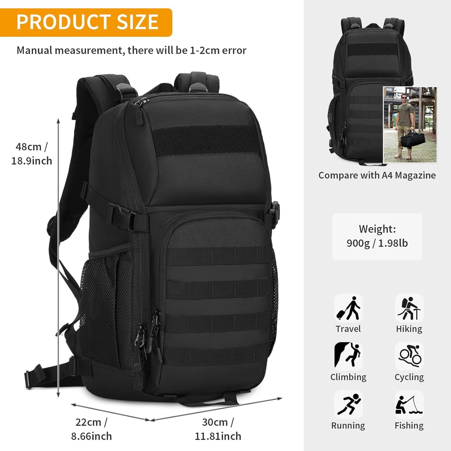 HUNTVP Tactical Backpack Military MOLLE Backpack Hunting Rucksack Gear Assault Pack 25L WR（Black）