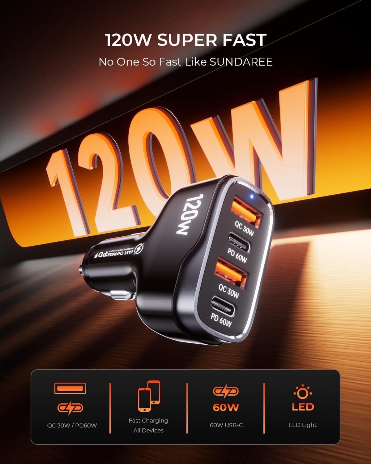 USB C Car Charger, 120W 4 Ports Super Fast Car Charger Adapter, Dual USB-C & USB-A PD60W/QC30W Fast Charging Cigarette Lighter for iPhone 17/16/15/14/13, Samsung Galaxy S25 Ultra/S24, Pixel, Android