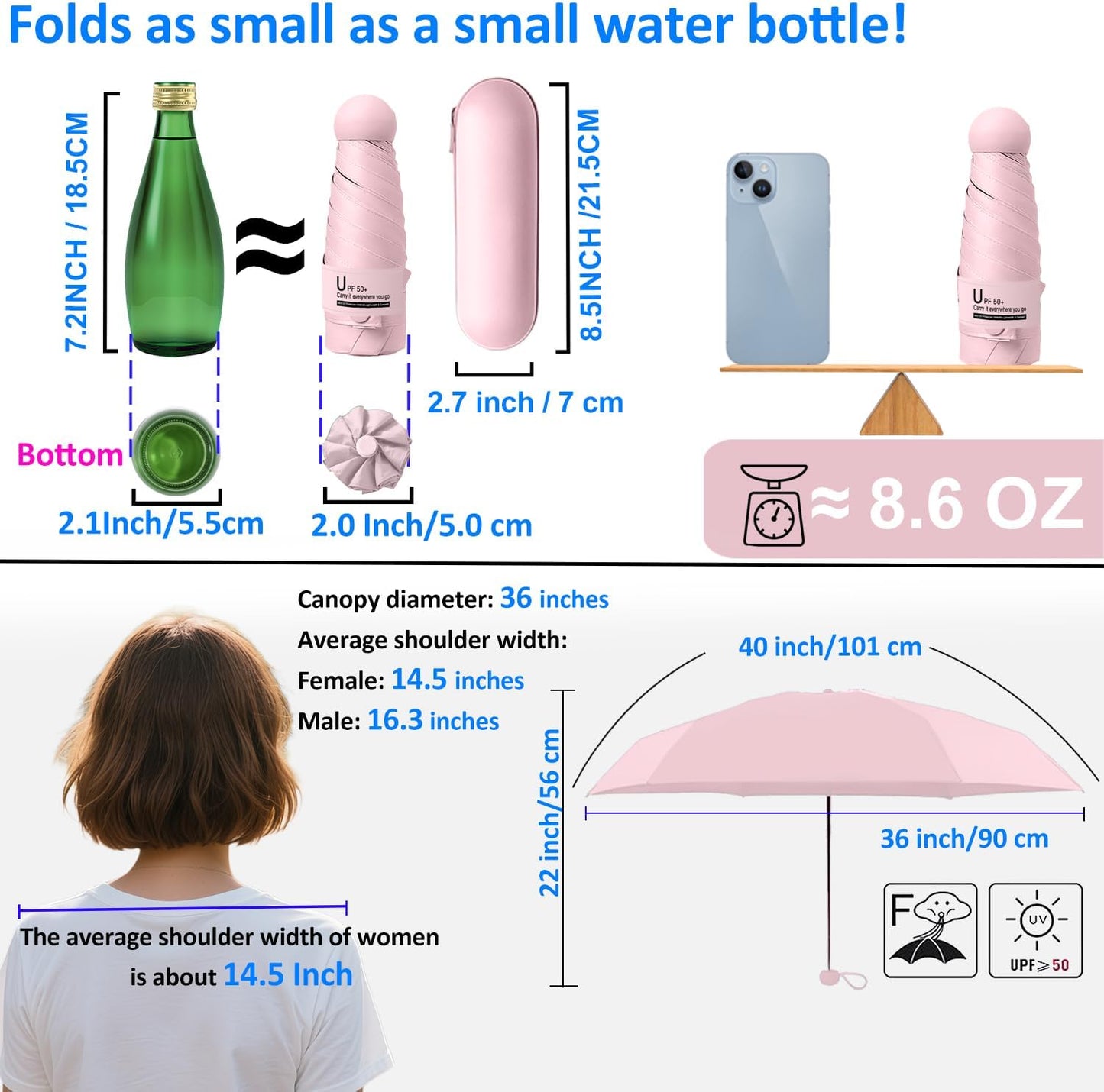 BAODINI Travel Mini Umbrella for Purse With Case Small Compact UV Sun Protection Sun Lightweight