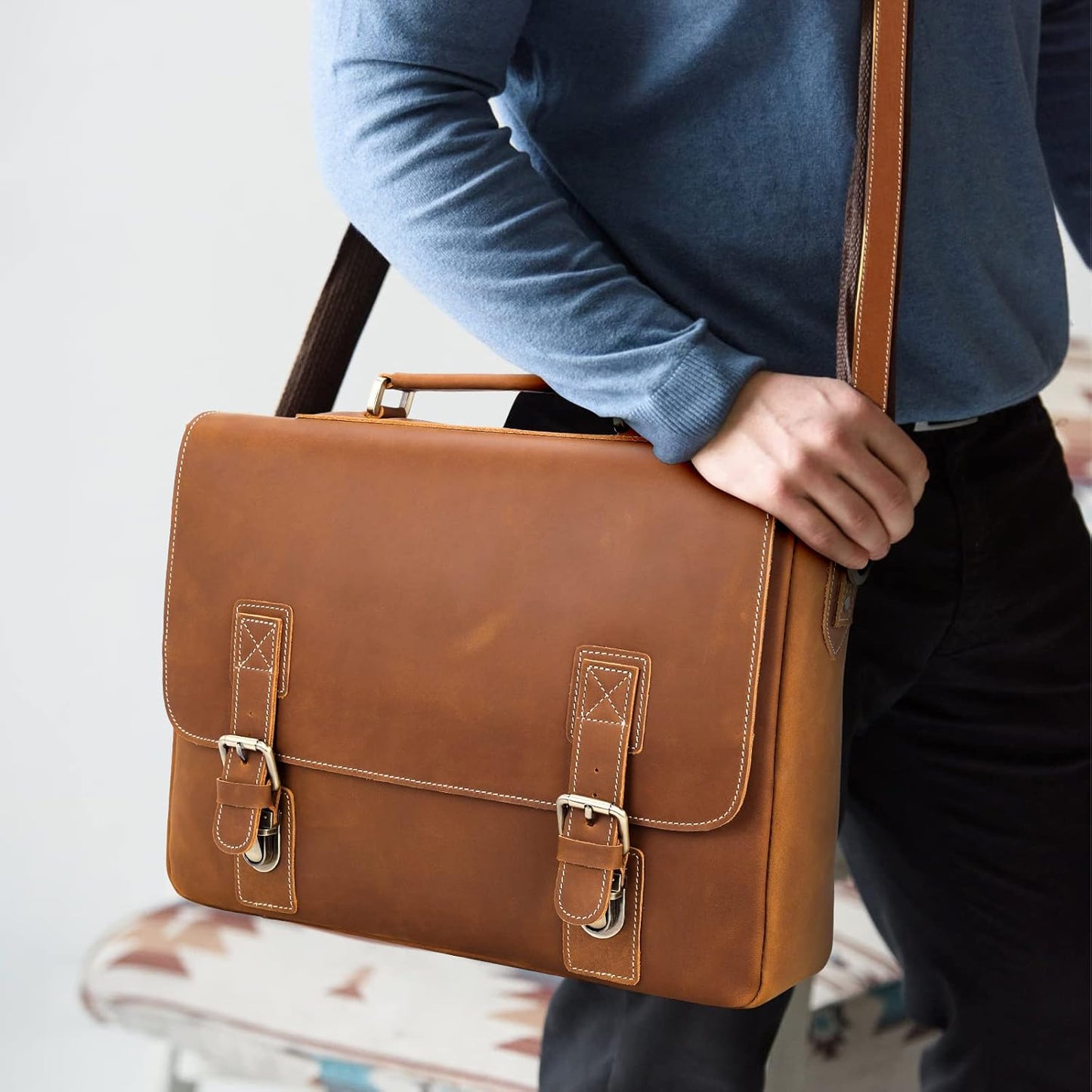 Polare Vintage Full Grain Leather Tote Briefcase Professional 16'' Laptop Shoulder Messenger Bag with YKK Metal Zippers (Light Brown)