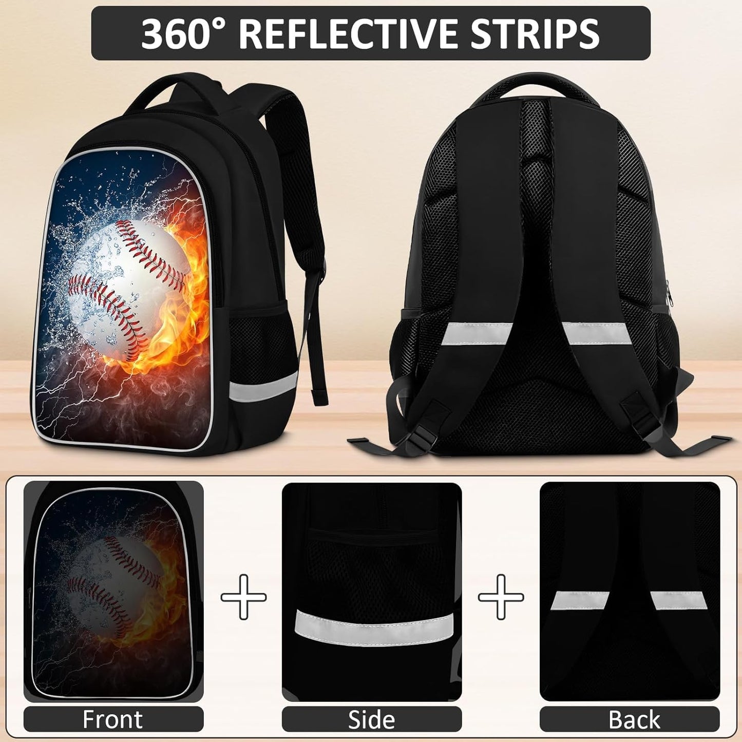 School Backpack for Boys - 4pcs Baseball Boys Backpack with Lunch Box and Pencil Case for Kids Children Teens Elementary Middle School - Students Bag for Ages 6-18,17″Bookbag Travel Back Pack