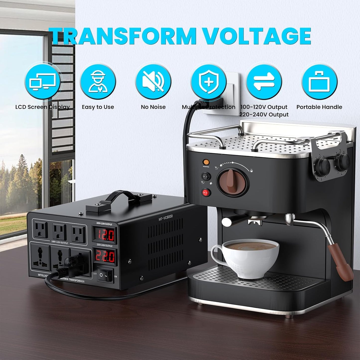 8000W Voltage Converter Transformer(110V to 220V or 220V to 110V) Step Up/Down Converter 110/120 Volt - 220/240 Volt w/US Power Cord,Circuit Breaker Protection, LCD Screen Display