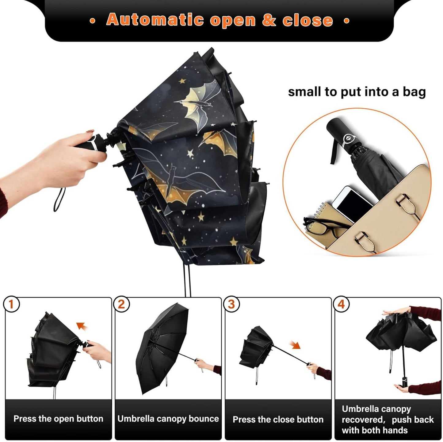 Automatic Folding Umbrella Windproof Strong, UV Protection Compact Black Gothic Moon Spider Webs and Bats Sun Rain Sun Rain Travel Umbrellas for Women Men
