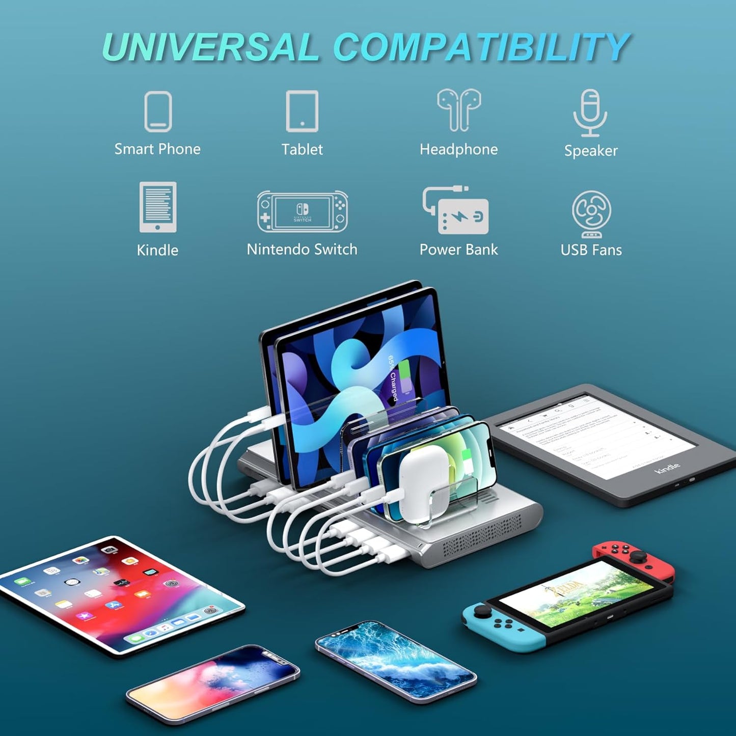 Unitek Multi iPad Charging Station - 10 Port USB Charging Station for Multiple Devices, Fast Charging Dock Cell Phone Organizer for iPhone, iPad, Android, Tablets - Silver