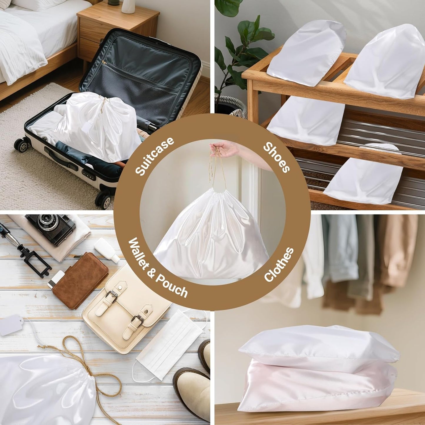 Ewen 7Pcs Dust Bags for Handbags, Satin Travel Dust Cover Bag, 2Pack 11.8x15.7in DustBag for Shoes, 2Pcs 19.6x15.7in Storage, Pack of 3 23.6x19.6in Bag for Purse, White Silk Cloth Bags with Drawstring