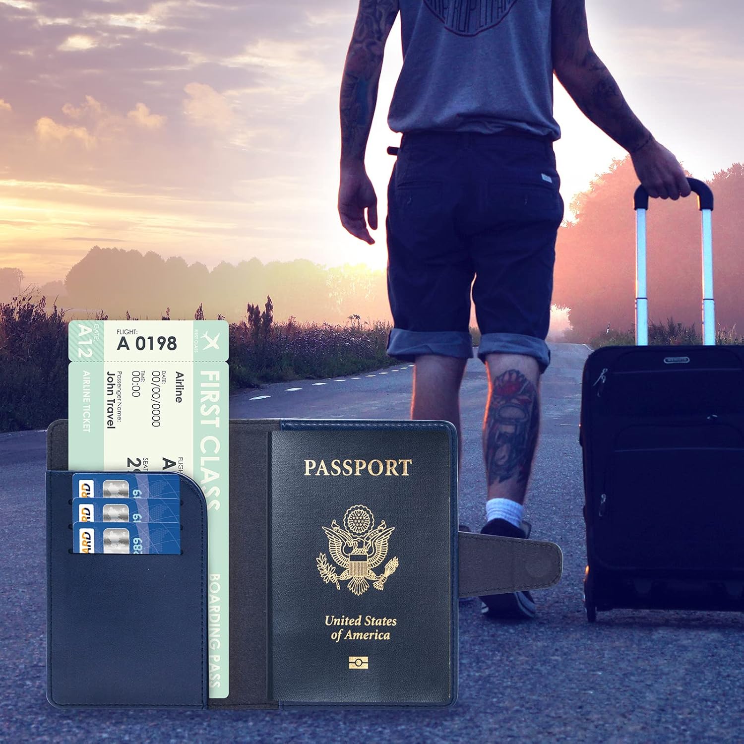RFID Blocking Genuine Leather Wallet Passport Holder for Travel with Credit Card Slots and Ticket