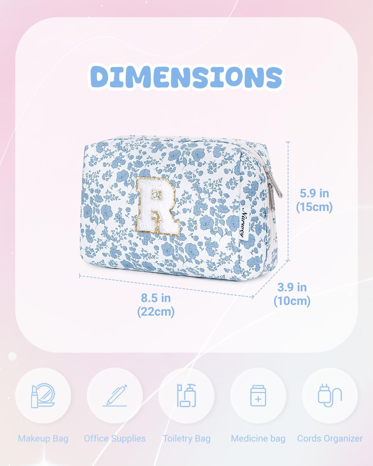 Narwey Birthday Gifts for Teen Girls Kids Women Personalized Initial Floral Makeup Bag Cute Cosmetic Trendy Stuff 6 8 10 11 12 13 14 16 18 Years Old Travel Toiletry Bag (Little Blue Flower R)
