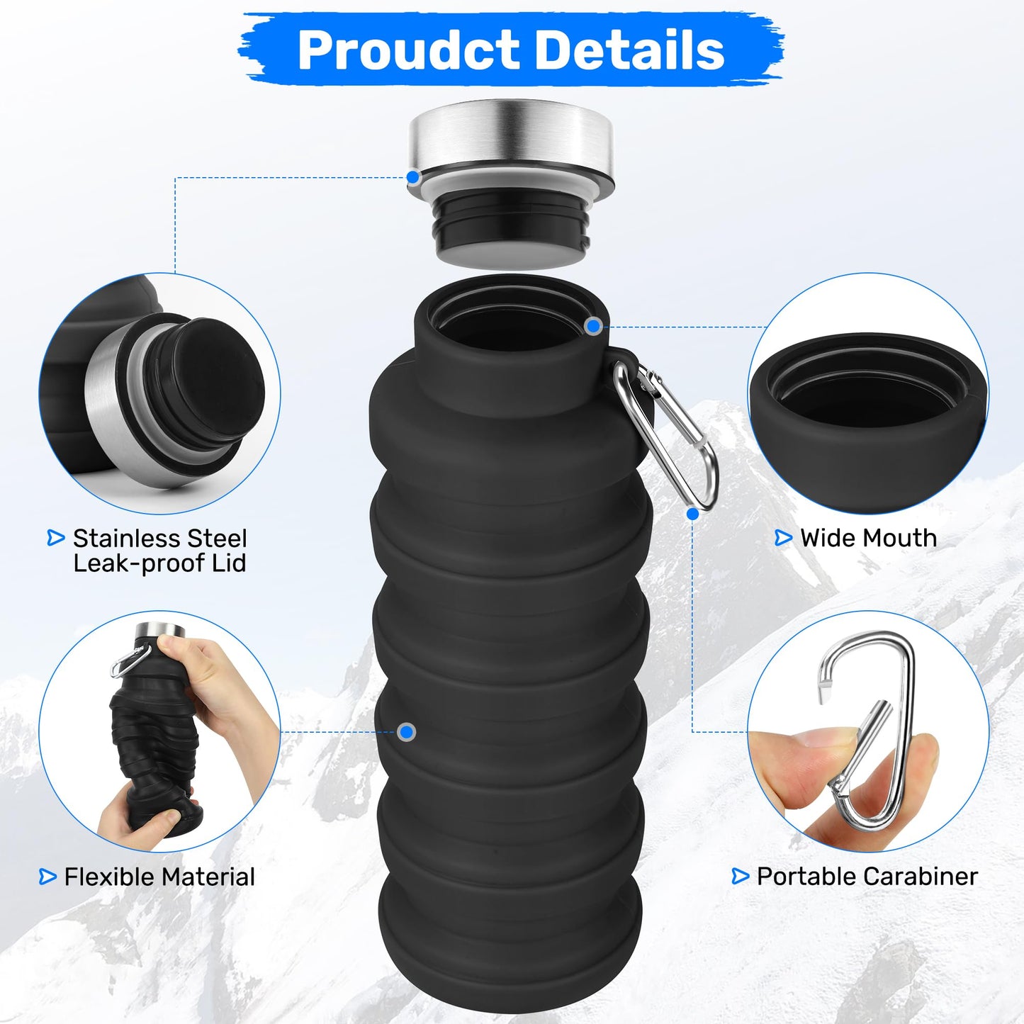 Rotayi Collapsible Water Bottle, 16oz Portable Reusable Silicone Water Bottle with Carabiner for